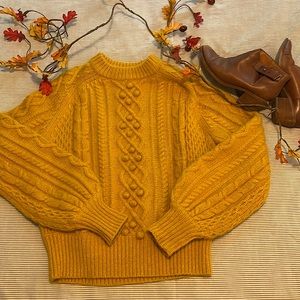 Demylee X J Crew Balloon Sleeve Cable Knit Popover Mustard Yellow Sweater